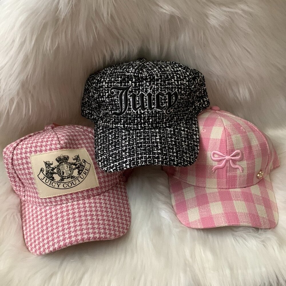 JUICY COUTURE Bow, Houndstooth, Tweed Baseball Caps Set of 3 NEW